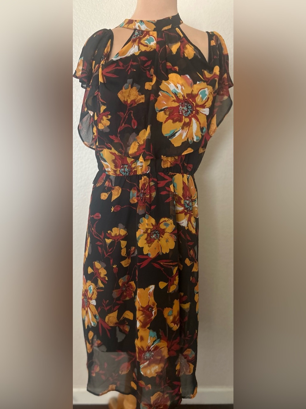 ECI Black Floral Halter Midi Dress with Yellow Blooms